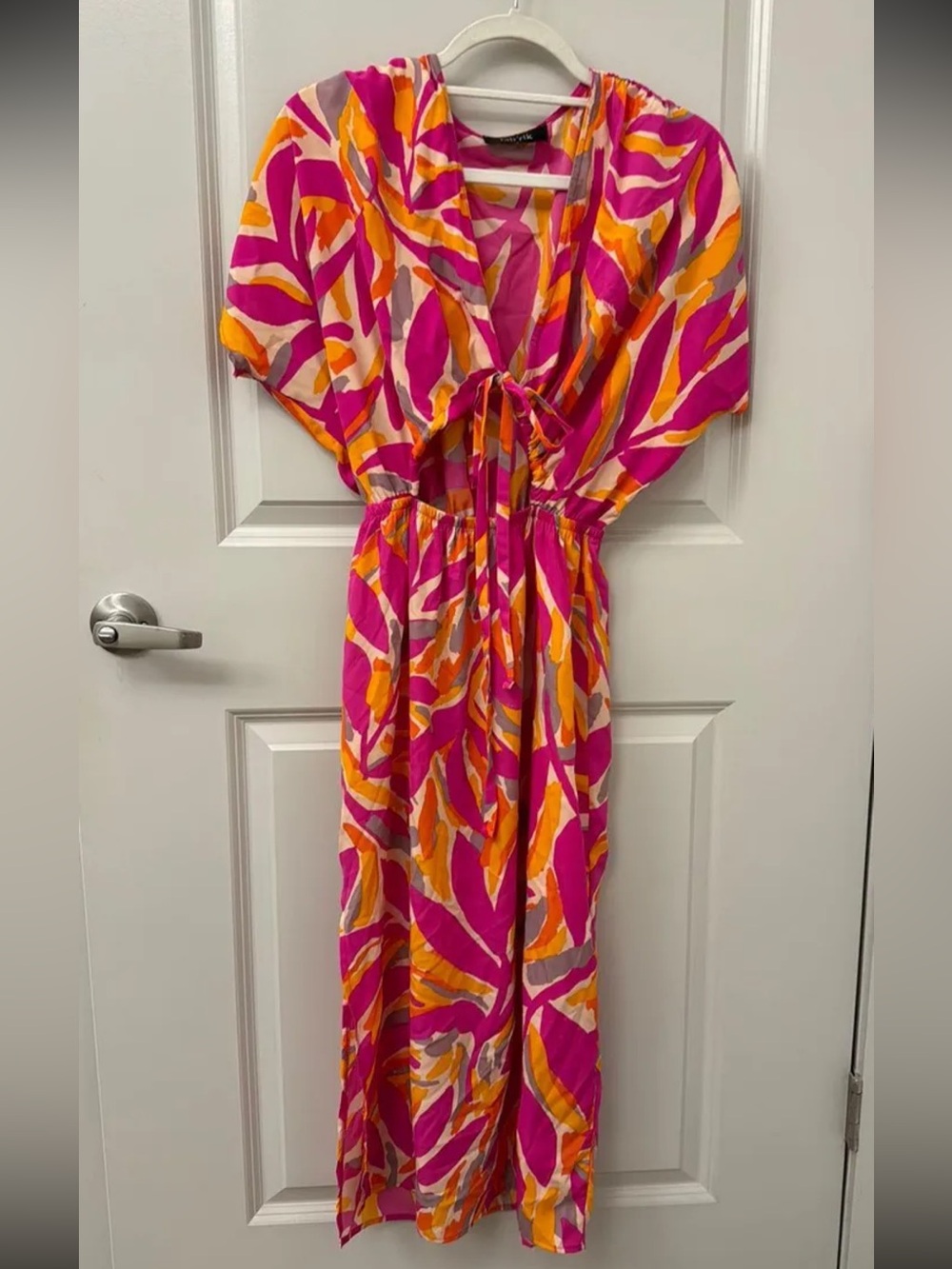 fab'rik Pink, Orange & Cream Tie-Front Maxi Dress